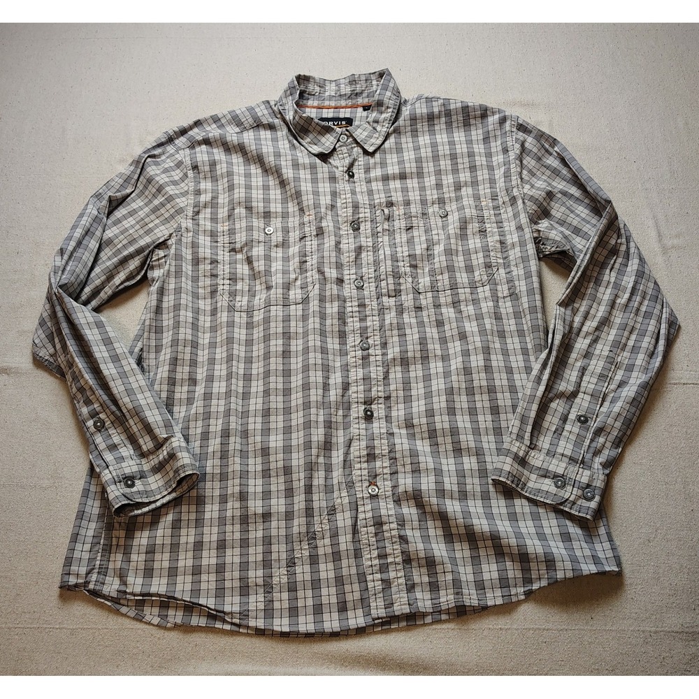Orvis Active Fit Mens Large‎ Plaid Long Sleeve Button Down Shirt Grey Tan YY